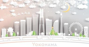 yokohama Japan stad horizon in papier besnoeiing stijl met sneeuwvlokken, maan en neon guirlande. vector