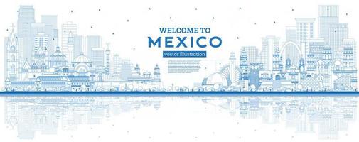 schets Welkom naar Mexico stad horizon met blauw gebouwen en reflecties. vector