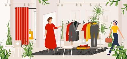 mode kleren op te slaan. vector illustratie. winkel of winkel met vrouw lap. modern interieur.