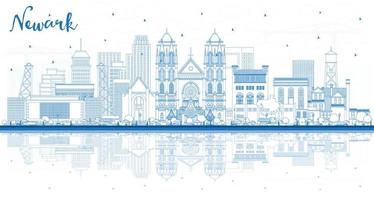 schets newark nieuw Jersey stad horizon met blauw gebouwen en reflecties. vector