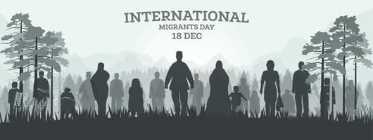 Internationale migranten dag 18 december. web banier met silhouetten van vluchteling in Woud. vector