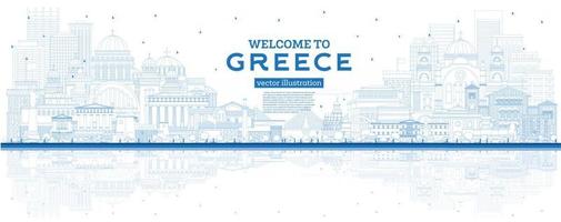 schets Welkom naar Griekenland stad horizon met blauw gebouwen en reflecties. vector