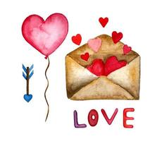 waterverf Valentijnsdag reeks met een hartvormig ballon, cupido's pijl, 'liefde' opschrift en envelop vol van harten. vector