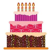 zoet verjaardag taart met vijf brandend kaarsen. kleurrijk vakantie nagerecht. vector viering achtergrond.