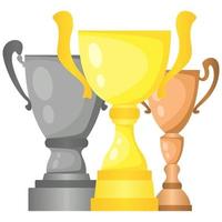 reeks van vector trofee kampioen cups in goud, zilver en bronzen. kampioenschap prijzen voor eerst, tweede en derde plaats. zege symbolen geïsoleerd Aan wit achtergrond.