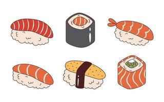 vector sushi reeks in retro stijl. sushi rollen verzameling jaren 70. groovy Aziatisch voedsel.