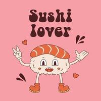 vector groovy ansichtkaart met nigiri sushi mascotte in retro stijl. sushi karakter en harten jaren 70. groovy Japans voedsel. sushi minnaar tekst.