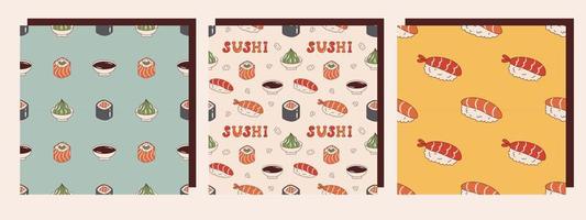 vector reeks van naadloos patronen met Japans voedsel in retro stijl. onigiri, soja saus, wasabi, Philadelphia rollen en maki sushi. retro verzameling van achtergronden met Aziatisch voedsel jaren 70.