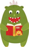 schattig grappig monster leest boek over monsters. vector illustratie in vlak stijl.