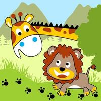 grappig giraffe en leeuw spelen verbergen en zoeken spel, vector tekenfilm illustratie