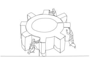 illustratie van moslim zakenvrouw spinnen tandrad uitrusting samen met team concept van moeilijk werk team. single doorlopend lijn kunst stijl vector