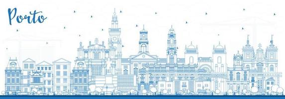 schets porto Portugal stad horizon met blauw gebouwen. vector