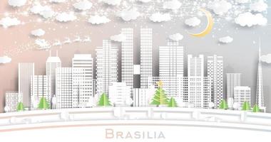 Brasilia Brazilië stad horizon in papier besnoeiing stijl met sneeuwvlokken, maan en neon guirlande. vector