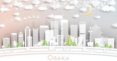 Osaka Japan stad horizon in papier besnoeiing stijl met sneeuwvlokken, maan en neon guirlande. vector