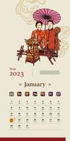 Chinese kalender in januari Indonesisch handgetekend illustratie vector