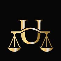 brief u schaal advocaat wet logo ontwerp. eerste pijler, wet stevig, advocaat teken ontwerp vector