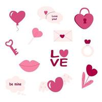Valentijnsdag dag reeks van schattig hand- getrokken illustraties Aan een wit achtergrond. roze hart, lippen, liefde. vector
