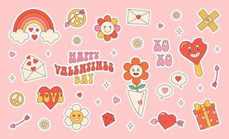 groovy hippie liefde stickers. retro gelukkig valentijnsdag dag. grappig gelukkig karakter in modieus retro Jaren 60 jaren 70 tekenfilm stijl. vector reeks retro elementen.