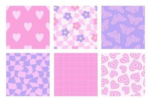 y2k naadloos patronen met vlinder, madeliefje, schaken, gaas, hart. reeks van vector achtergronden in modieus retro trippy jaren 2000 stijl. lila, roze kleur. grappig meisjesachtig schattig textuur.
