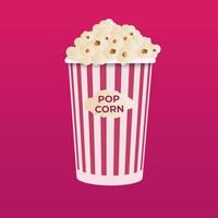 popcorn. een platte stijl film theater icoon. een licht tussendoortje. een groot rood en wit gestreept doos. vector illustratie