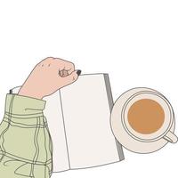 vrij vector drinken koffie Aan tafel met Open boek hand- en helder groen overhemd