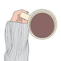 vrij vector drinken koffie latte met warm gebreid kleren hand- Holding kop