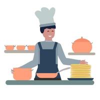 jong schattig Mens Koken pannekoeken geïsoleerd vector illustratie