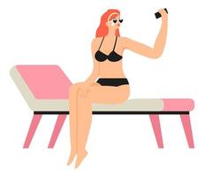 vrouw in zwemmen pak nemen selfie Aan telefoon vector