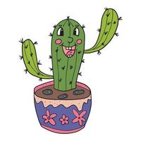 schattig tekening gelukkig cactus in de pot geïsoleerd Aan wit achtergrond. groovy cactus. schetsen van ingemaakt huis fabriek. vector