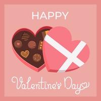 ansichtkaart voor gelukkig valentijnsdag dag. doos van snoepjes en belettering vector illustratie in vlak stijl