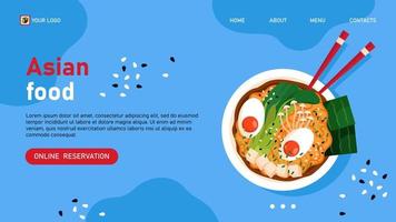 online reservering in Aziatisch restaurant web spandoek. Japans ramen Aan blauw achtergrond. vector