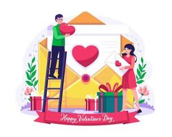 een paar een Mens en een vrouw zijn Bezig met verzenden brieven met harten. verklaring van liefde. Valentijnsdag dag concept illustratie vector