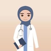 voorkant visie hijab dokter karakter. dokter karakter creatie gezicht emoties, houding en gebaar. tekenfilm stijl, vlak vector illustratie.vrouwelijk hijab dokter vinger richten omhoog, Holding klembord.