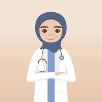 voorkant visie hijab dokter karakter. dokter karakter creatie gezicht emoties, houding en gebaar. tekenfilm stijl, vlak vector illustratie.vrouwelijk hijab dokter vinger richten omhoog, Holding klembord.