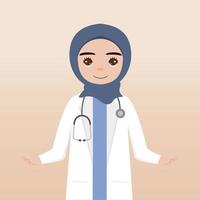 voorkant visie hijab dokter karakter. dokter karakter creatie gezicht emoties, houding en gebaar. tekenfilm stijl, vlak vector illustratie.vrouwelijk hijab dokter vinger richten omhoog, Holding klembord.