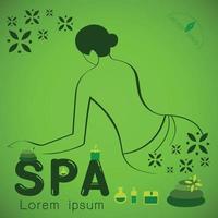 spa, vrouw, lotus bloem, kaars, room en olie flessen, doorbladert en bloemen vector