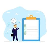vector concept zakenman staan denken met doel checklist en de tijd beheer