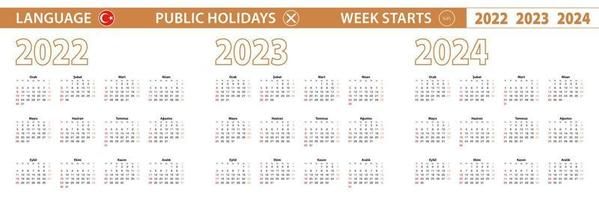 2022, 2023, 2024 jaar vector kalender in Turks taal, week begint Aan zondag.
