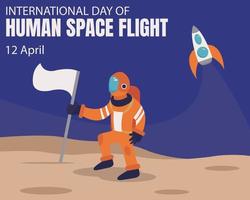 illustratie vector grafisch van een astronaut is aanplant een vlag Aan de maan, tonen raket nemen uit, perfect voor Internationale dag, menselijk ruimte vlucht, vieren, groet kaart, enz.