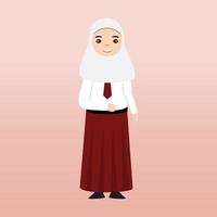 elementair school- hijab meisje leerling vervelend rood en wit uniform. tekenfilm vector illustratie. portret van een elementair school- leerling. school- studenten kinderen met rugzakken, boeken, macbook.