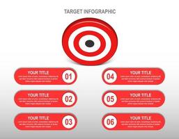 3d rood doelwit dartbord met 6 etiket infografisch. doelwit stap aantal indeling. bedrijf gegevens grafiek, investering doel, afzet uitdaging, strategie presentatie, prestatie diagram. info vector sjabloon