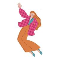 gelukkig Dames jumping Aan wit achtergrond. jong blij vrouw tekens springen of dansen met verheven handen. geluk, vrijheid, beweging en motiverende concept. tekenfilm mensen vector illustratie