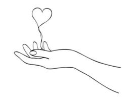 doorlopend een lijn tekening met hand- en hart. hand- Holding hart. vector illustratie. zwart lijn kunst Aan wit achtergrond.
