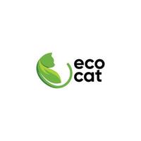 kat met blad, eco kat logo ontwerp sjabloon vector