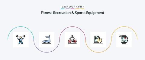 geschiktheid recreatie en sport- uitrusting lijn gevulde vlak 5 icoon pak inclusief vruchten. eetpatroon. loopband. ontbijt. fietsen vector