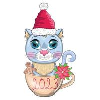 schattig tekenfilm kat in een de kerstman hoed in een kop met koekjes en een inscriptie. winter 2023, Kerstmis en Chinese nieuw vector