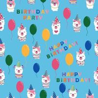 naadloos patroon met lama, alpaca gezichten. verjaardag thema. doppen, ballonnen, opschrift gelukkig verjaardag vector