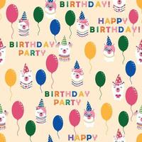 naadloos patroon met lama, alpaca gezichten. verjaardag thema. doppen, ballonnen, opschrift gelukkig verjaardag vector