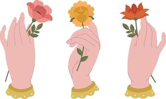 reeks van vrouw handen Holding mooi voorjaar bloemen, geïsoleerd Aan wit achtergrond. modern vector vlak stijl