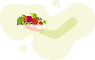 vegetarisch eetpatroon concept - hand- Holding een bord met groenten en fruit.veganistisch is een jaar- uitdaging dat moedigt aan mensen naar volgen een veganistisch levensstijl vector